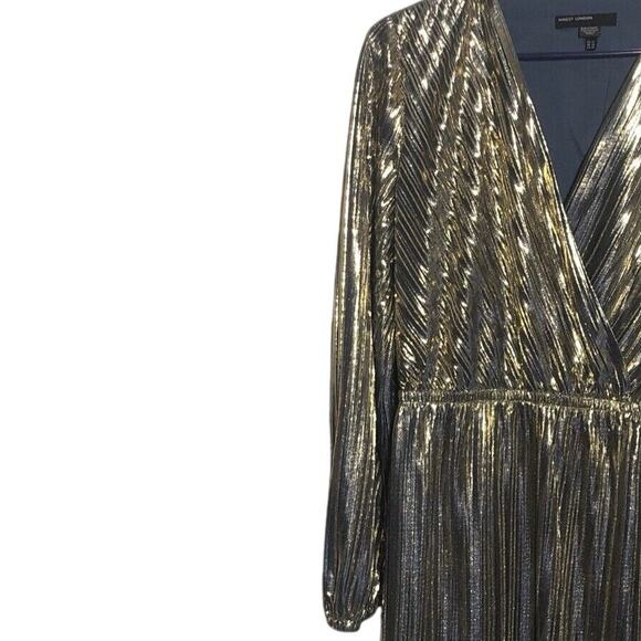 Maggy London Womens Metallic Gold Pleated Long Sleeve V Neck Dress Sz 12 Holiday - Picture 6 of 12